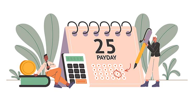 Payday. Guy circles payroll date on calendar. Employees waiting for salary payment. Loan and rent paying. Office workers. Money coin and calculator. Finance increase. png concept