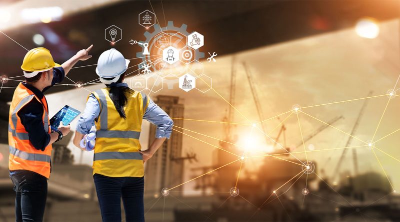 Futuristic image of two construction workers stood looking at an interactive board on a building site to support SFS construction article