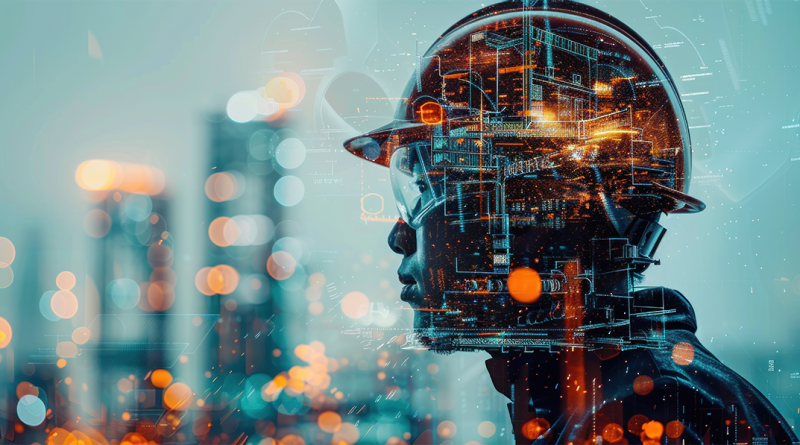 Digital image of a construction worker looking at a skyline with digital blueprints to support digital innovations article