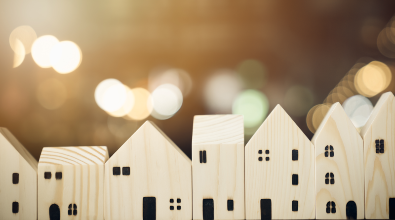 Image of different sized and shaped woodern house models lined up next to each other to support housing framework article
